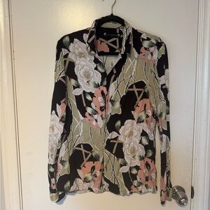 All Saints Green and Black Long Sleeve Button Down Shirt